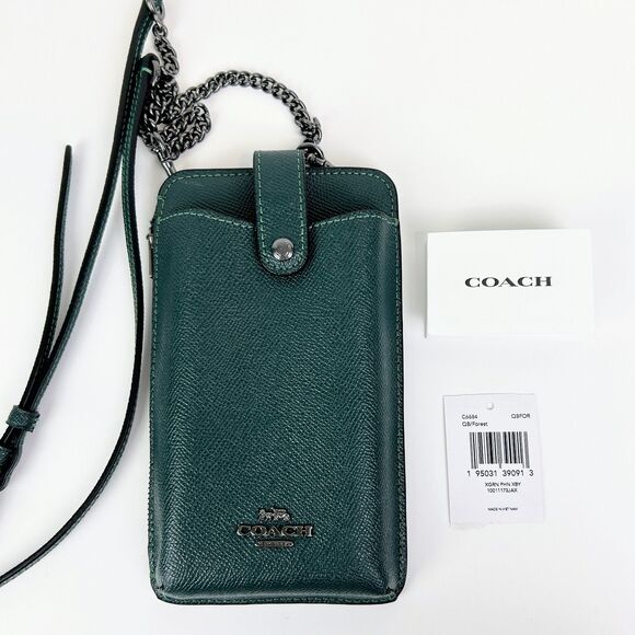 NWOT Coach North South Phone Crossbody Forest Green Crossgrain Leather Gunmetal - Picture 1 of 11